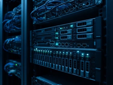 Sleek technical photography of a modern server rack with glowing cyan status lights, sharp macro focus, cool ambient lighting, deep blue tones.