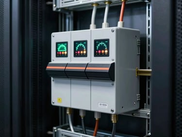 A clean, wall-mounted automatic transfer switch and heavy-duty battery backup system in a dedicated server room, with clear digital status panels displaying voltage metrics under soft utility lighting.
