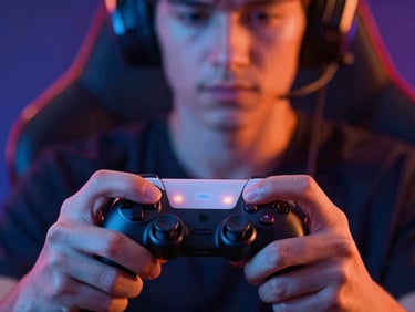 Close-up of a focused gamer's hands on a controller, colorful LED reflections on their face, saturated neon ambient light, tight crop, vibrant cobalt and orange tones, sharp focus, 35mm