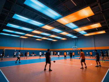 Wide environmental shot of a bustling community tournament hall, vibrant LED lighting, people engaging in various activities, low angle, vibrant cobalt and orange tones, sharp focus, 35mm