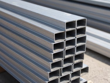 Clean sorted aluminum extrusion profiles stacked neatly, metallic textures reflecting direct midday sun, 35mm