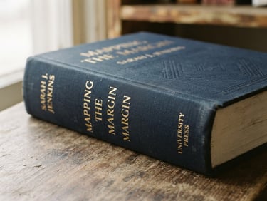 Close-up of a book spine and cover titled Mapping the Margin, dark navy cloth binding, gold foil lettering, soft window lighting, 35mm