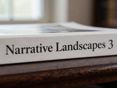 Macro shot of typography on a book spine titled 'Narrative Landscapes' in a dark oak library stack, soft north-facing light, shallow depth of field, 35mm
