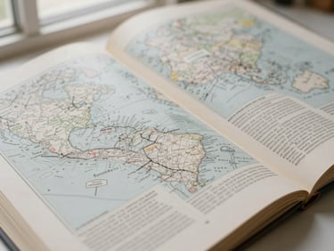 Flat-lay arrangement of an open academic monograph showing detailed maps and printed text on warm cream paper, soft diffused light, 35mm