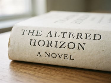 Close-up of a printed book cover titled The Altered Horizon, textured cream paper, elegant serif typography, shallow depth of field, 35mm