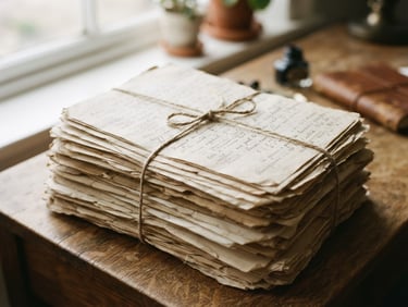 A stack of textured archival papers and draft manuscripts tied with a simple cotton string, soft natural window light, 35mm