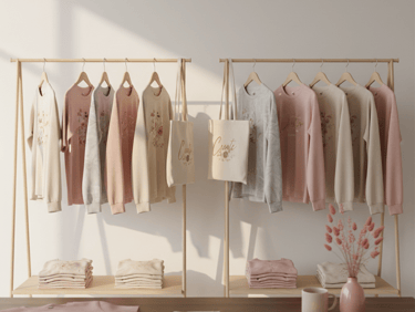 Minimalist clothing display featuring floral aesthetic sweatshirts and tote bags on wooden garment racks.