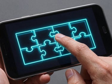 Close-up of a finger interacting with a physical Android device. The screen shows a stylized wireframe layout of an interactive puzzle game with electric-cyan glowing lines. Crisp studio lighting with a soft cyan glow cast onto the hand.