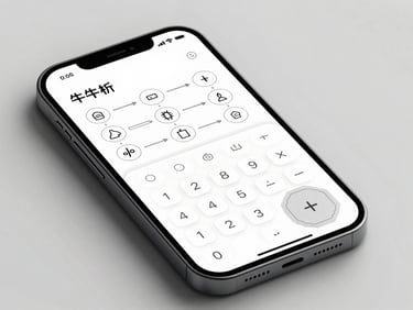 Stylized vector wireframe showing app logic and clean UI layout of a minimalist calculator tool, crisp pixel-aligned geometric design.