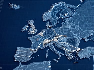 High-angle geometric blueprint of maritime shipping routes from Mersin Port across the Mediterranean to Northern Europe, sharp vector lines, technical grid overlay, deep navy and steel blue tones.