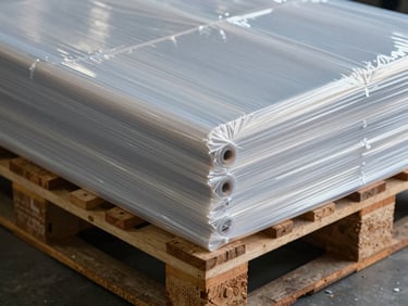 Clean geometric lines of LDPE shrink hood film securing a pallet, sharp high-contrast lighting.