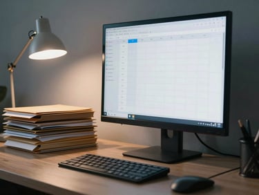 Organized workspace seen from the side: monitor showing a structured calendar and task dashboard, a tidy stack of folders beside it, warm desk lamp light, muted gray-blue palette, no people visible