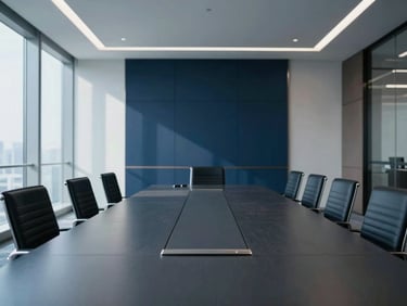 Architectural shot of a modern corporate boardroom, empty, with elegant design and natural light, deep navy and slate shadows.