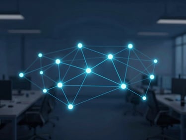 Abstract representation of a human network, interconnected glowing points on a dark blue background, subtle cyan accents.