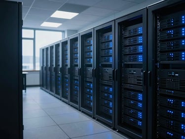 Modern server racks in a data center, glowing blue lights, cool diffused office daylight, deep navy shadows, wide-angle shot.