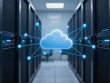 Abstract cloud computing graphic, interconnected network of servers and data points, blue and cyan tones, shallow depth of field.