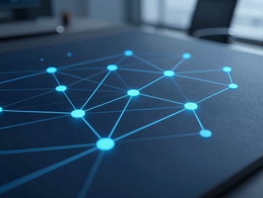 Abstract representation of data flow and connectivity, glowing lines and nodes on a dark blue background, subtle cyan accents.