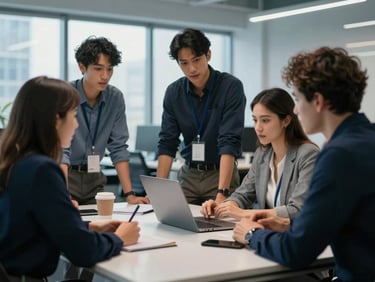 Candid shot of a diverse team collaborating in a modern, open-plan office, focus on interaction, cool diffused office daylight.