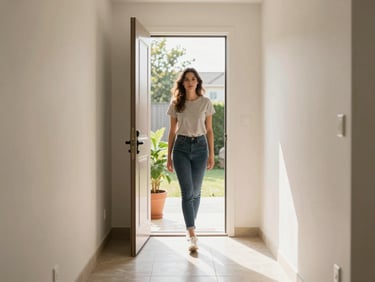 Bright entryway of a well-maintained women's PG, natural daylight streaming through a half-open front door, clean tiled floor and a potted plant beside the entrance, warm and welcoming residential feel