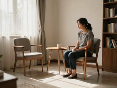 Sunlit common sitting room of a women's PG, two chairs and a small table near a window with sheer curtains, clean tiled floor, a bookshelf along the wall, warm natural daylight, tidy and lived-in