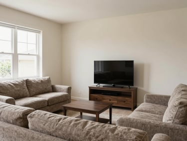 Wide shot of a PG sitting room with a sofa, a small centre table, and a television, clean cream walls, natural light from a window, tidy and well-maintained, no clutter, honest residential framing
