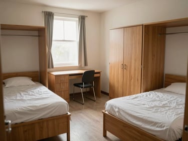 Medium shot of a double-sharing PG room with two single beds positioned on opposite walls, individual wooden wardrobes, a shared study desk near the window, soft morning daylight, tidy and uncluttered, honest residential framing
