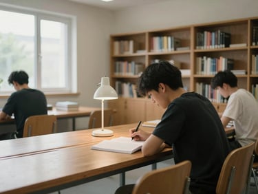 Medium shot of a quiet PG study area with a long wooden desk, chairs, a table lamp, and bookshelves along the wall, natural daylight from a window, two residents studying independently, calm and functional atmosphere
