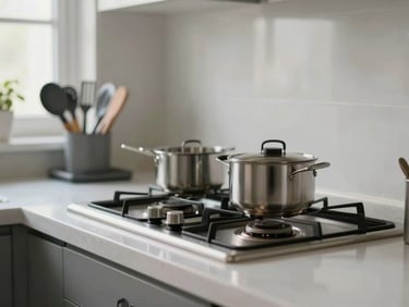 Close-up environmental shot of a clean PG kitchen counter with a gas stove, steel vessels, organised utensil rack, and a window letting in soft daylight, functional and well-maintained, no staged styling
