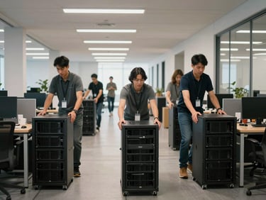 Wide shot of office relocation in progress, team moving workstations and server racks through a corporate corridor under fluorescent and daylight mix, organized staging visible in background