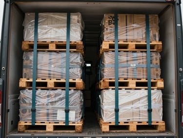 Overhead shot of methodically packed cargo inside a truck interior, straps securing pallets and crates, natural light from open rear doors illuminating organized load