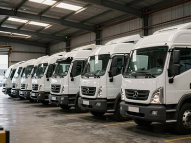 Wide shot of a fleet of white moving trucks parked in an organized row inside a loading bay, shot from a low angle showing the full length of the vehicles, natural daylight from warehouse skylights, no people, industrial concrete floor