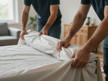 Close-up of moving team carefully wrapping furniture in protective blankets inside a residential apartment, natural window light, hands visible securing the load