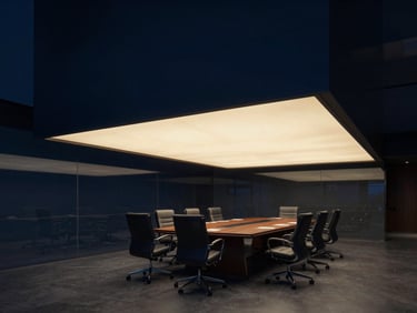 Modern corporate boardroom in Mumbai, dramatic architectural lighting, deep navy shadows