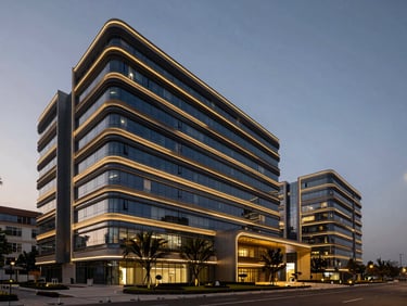 Sleek architectural lines of a modern Indian technology park at dusk, warm gold highlights