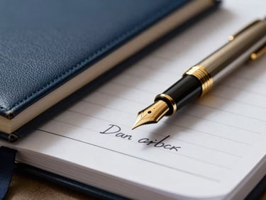 High-contrast close-up of signed financial ledgers and gold fountain pen under sharp corporate lighting