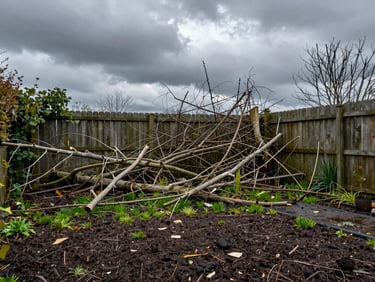 Wide environmental shot of a storm-damaged garden — broken branches piled near a fence, cleared ground in foreground, grey overcast sky above, no people