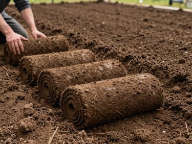 Hands laying turf rolls on prepared soil, overcast daylight, freshly graded earth visible, wide shot showing progression of new lawn installation
