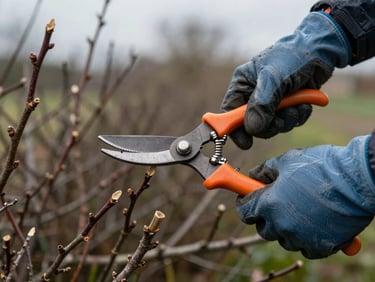 Close-up of gloved hands using hedge shears on overgrown shrubs, overcast daylight, clipped branches visible on the ground below, tight environmental framing