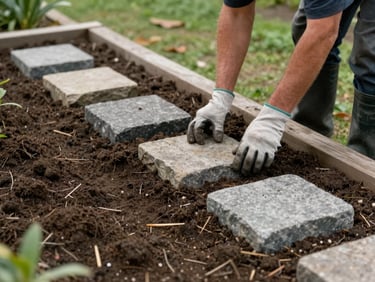 Wide shot of a garden bed being restructured — worker's boots and gloved hands placing flat stones into soil, overcast daylight, no face visible