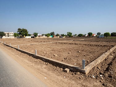 Wide ground-level view of a surveyed 5-marla residential plot with corner marker posts visible, compacted earth, wide paved road edge at frame left, clear blue sky overhead, Taru Jabba society environment