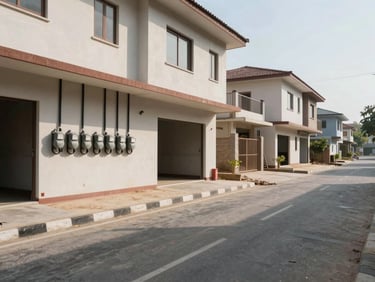 Street-level view of a completed commercial plot in a housing society, paved road frontage, utility meters on wall, other commercial units visible on same street, clear daytime