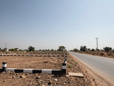 Ground-level daylight shot of a 13-marla residential plot with boundary markers, wide planned road to the right, electricity poles with utility lines visible in background, clear sky