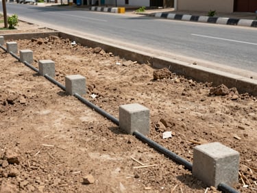 Ground-level architectural view of a surveyed 7-marla plot with concrete boundary markers, freshly laid utility conduit visible at road edge, wide asphalted society road behind, clear daylight
