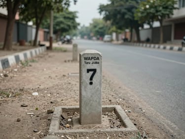 Ground-level photograph of a 7-marla residential plot in WAPDA Town Taru Jabba, concrete plot marker post in foreground, wide road with kerb visible, trees lining the street, natural daylight, no people or lifestyle elements