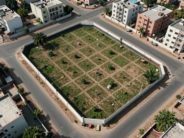 Aerial close view of a 7-marla corner plot in a planned society grid, plot stakes visible, surrounding roads clearly defined, neighbouring completed boundary walls, daylight overhead shot