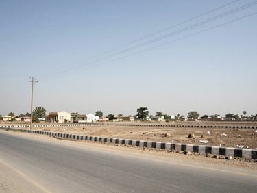 Ground-level photograph of a 5-marla residential plot in WAPDA Town, plot boundary markers clearly visible, wide paved road in foreground, utility lines overhead, clear daytime sky, no people