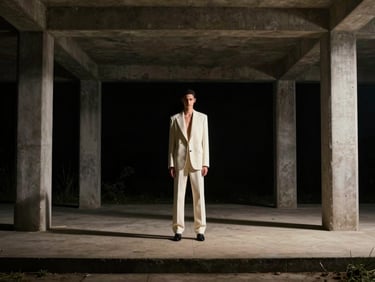 Wide cinematic shot of a high-fashion model in an architectural concrete pavilion, moody rim light, deep shadows