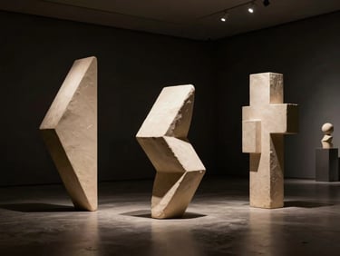 Surreal composition of floating geometric clay sculptures in a dark minimalist gallery, warm studio lighting
