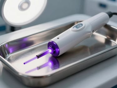 Macro shot of a sleek, clinical laser applicator emitting a precise violet light guide, resting on a sterile stainless steel medical tray, bright cold studio lighting.