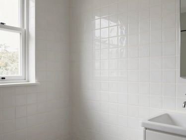 Crisp architectural photography of a modern bathroom renovation, natural daylight highlighting perfectly aligned white zellige tile grout lines, neutral tones